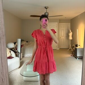 LOFT Coral Mini Dress with Ruffle Sleeves